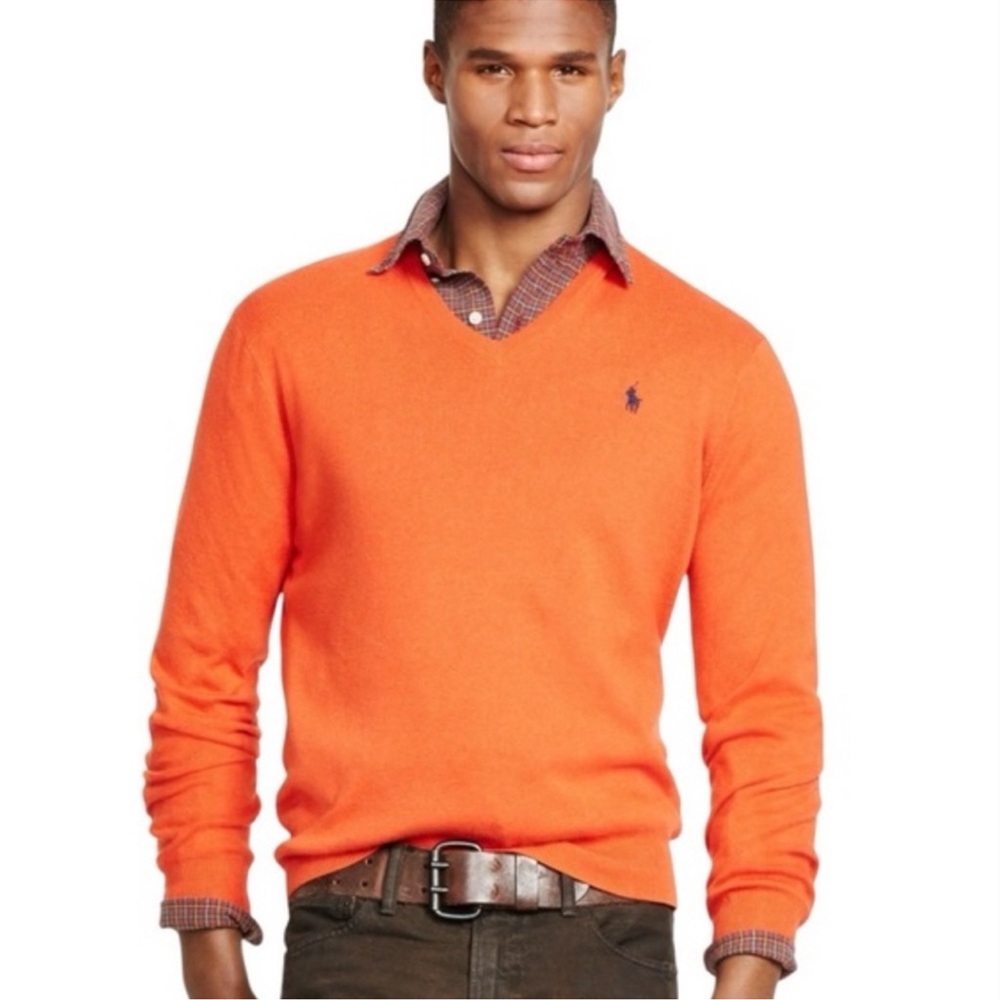 Polo by Ralph Lauren Orange V-Neck Cotton Sweater size large